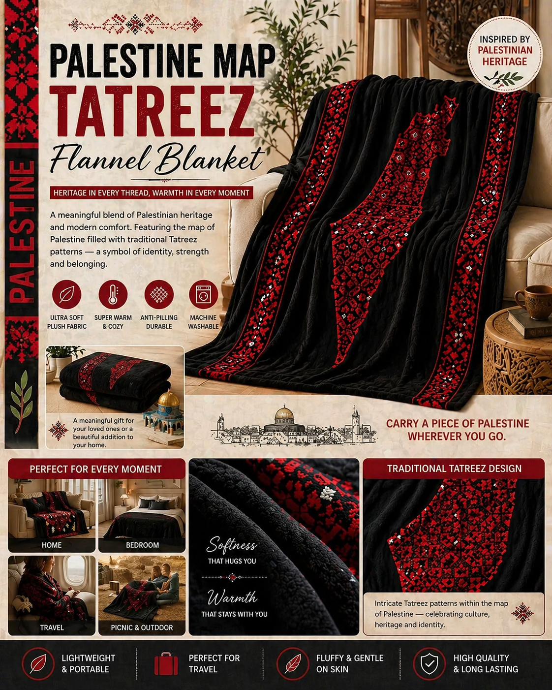 Palestine Map Tatreez Blanket