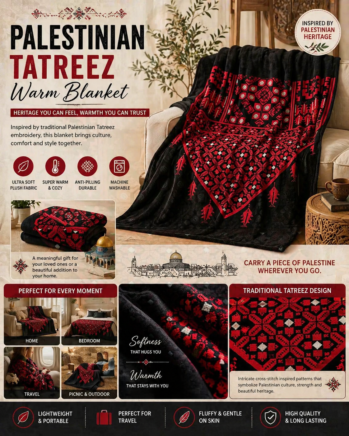 Palestinian Tatreez Warm Blanket